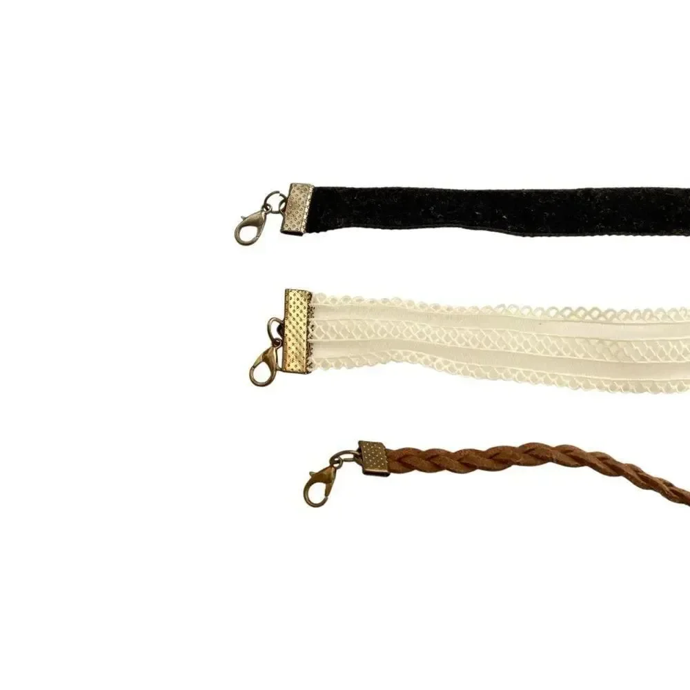 Set of Three Choker Necklaces in Black, Cream, and Brown